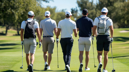 Golfer teeing off on a sunny day at a beautiful golf course.の素材