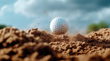 Golf ball in mid-air after being struck by a driver. golf ball sand pitの素材