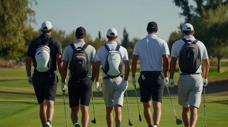 Golfer teeing off on a sunny day at a beautiful golf course.の素材