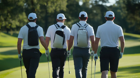 Golfer teeing off on a sunny day at a beautiful golf course.の素材