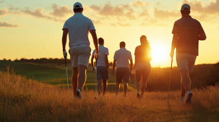 Group of golfers walking down the fairway with their clubs. sunsetの素材