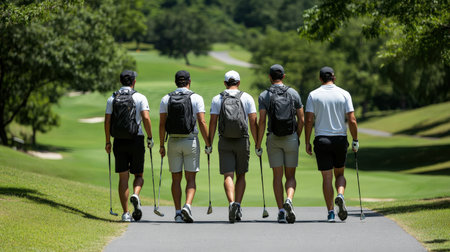 Golfer teeing off on a sunny day at a beautiful golf course.の素材