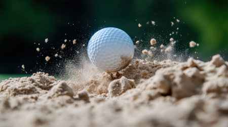Golf ball in mid-air after being struck by a driver. golf ball sand pitの素材