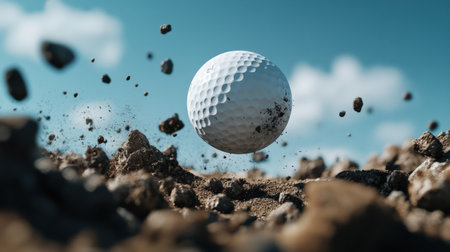 Golf ball in mid-air after being struck by a driver. golf ball sand pitの素材