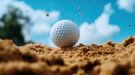 Golf ball in mid-air after being struck by a driver. golf ball sand pitの素材
