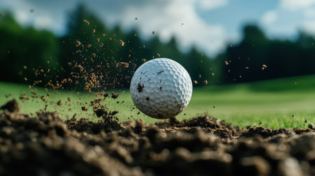 Golf ball in mid-air after being struck by a driver. golf ball sand pitの素材