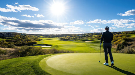 Golfer teeing off on a sunny day at a beautiful golf course.の素材