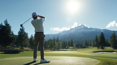 Golfer teeing off on a sunny day at a beautiful golf course.の素材