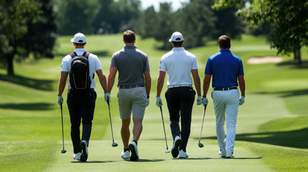 Group of golfers walking down the fairway with their clubs.の素材