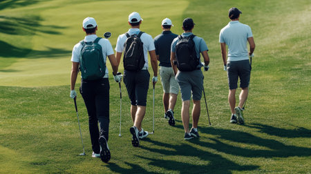 Group of golfers walking down the fairway with their clubs.の素材