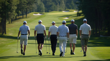 Group of golfers walking down the fairway with their clubs.の素材