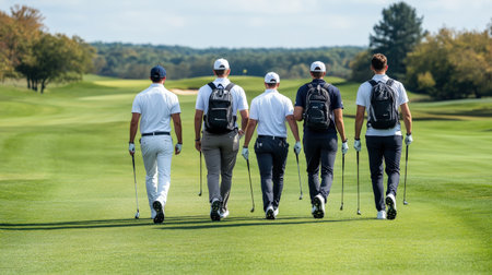 Group of golfers walking down the fairway with their clubs.の素材