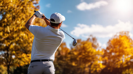 Golfer teeing off on a sunny day at a beautiful golf course.の素材