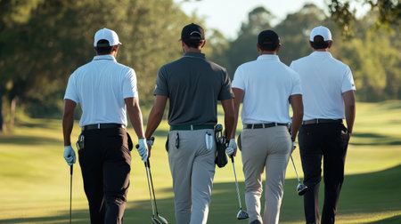 Group of golfers walking down the fairway with their clubs.の素材