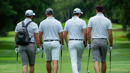 Group of golfers walking down the fairway with their clubs.の素材