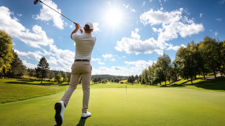 Golfer teeing off on a sunny day at a beautiful golf course.の素材