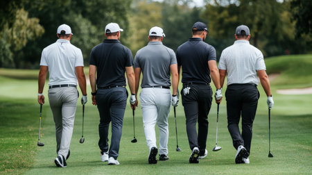 Group of golfers walking down the fairway with their clubs.の素材