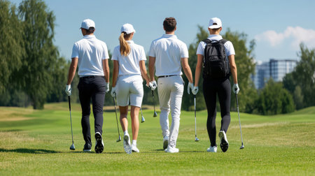 Group of golfers walking down the fairway with their clubs.の素材