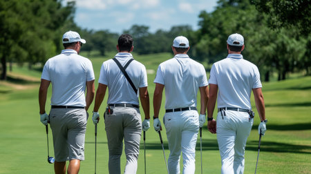 Group of golfers walking down the fairway with their clubs.の素材