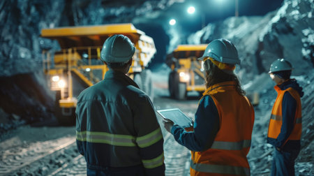 The image shows a group of miners wearing hard hats and safety vests in an underground mine. They are looking at a large mining truck.の素材