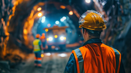 Underground mine worker wearing hard hat and safety vestの素材