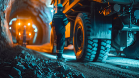 The image shows a mining tunnel with a truck and a worker.の素材
