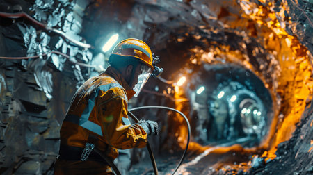Portrait of a miner working in a mine, wearing protective equipment.の素材