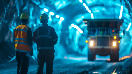 Workers in the coal mine. Selective focus. Toned.の素材