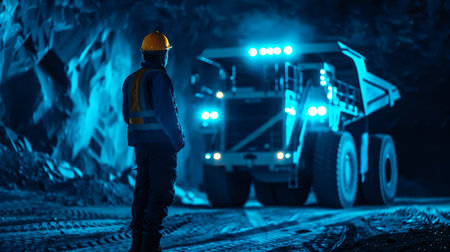 Worker in a coal mine at night. Selective focus.の素材