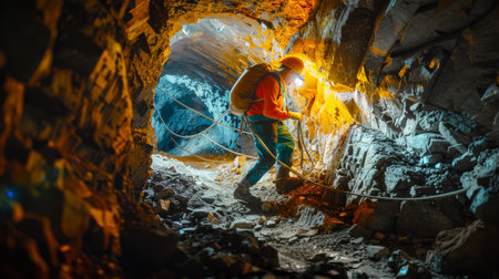 Worker in an underground mine. The worker is working on the coal mine.の素材