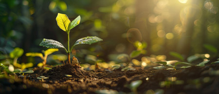 Green seedling growing from seed on blurred natural background, Ecology conceptの素材