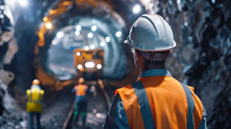 Portrait of worker in underground mine. Industry and engineering concept.の素材