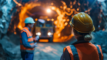 Industrial workers working in a coal mine. Selective focus.の素材