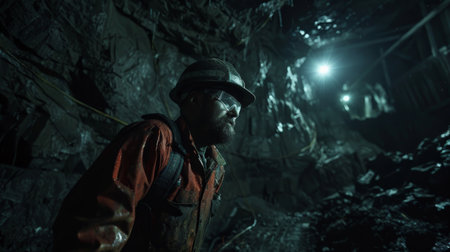 A bearded man in a hard hat and coveralls walks through a dark mine.の素材