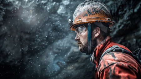 A caver wearing a hard hat and headlamp looks out over an underground cavernの素材