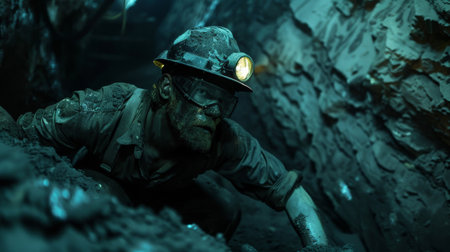 coal miner working in a dark mineの素材