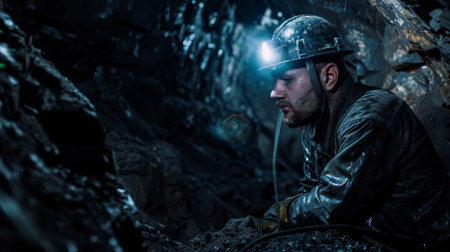 A coal miner wearing a hard hat and headlamp is sitting in a dark mine.の素材