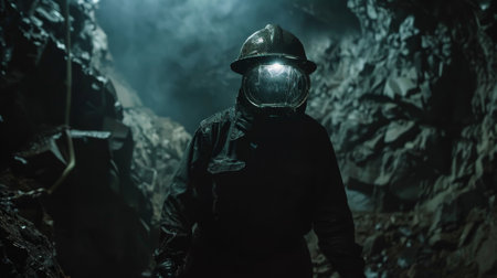 A man wearing a protective suit and helmet stands in a dark mine.の素材