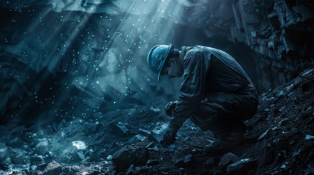 A miner working in a dark cave.の素材