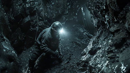 A lone miner wearing a headlamp is searching for precious gems in a dark cave.の素材