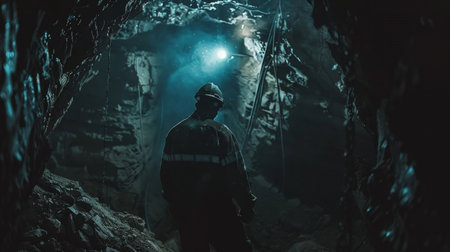 A miner wearing a hard hat and coveralls stands in a dark mine.の素材