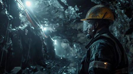 A miner wearing a hard hat and coveralls is working in a coal mine.の素材