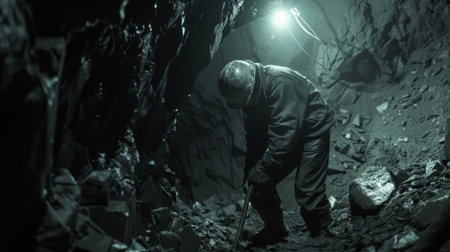 Miner working in a dark mine.の素材