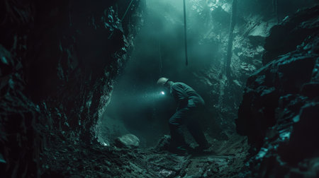 The dark cave is illuminated by a bright light. A lone figure stands in the center of the cave, surrounded by rocks and debris. The figure is wearing a wetsuit and a headlamp, and they are carrying a backpack. They are looking around the cave, searching for something.の素材