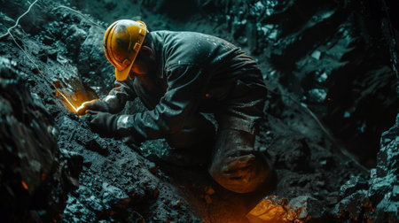 The image shows a miner working in a dark mine. He is wearing a hard hat and a headlamp. The light from his headlamp is shining on the rocks around him. The miner is kneeling on the ground and is holding a pickaxe. He is using the pickaxe to break up the rocks. The rocks are dark and look like they are made of coal. The mine is dark and dangerous, but the miner is determined to find valuable minerals.の素材