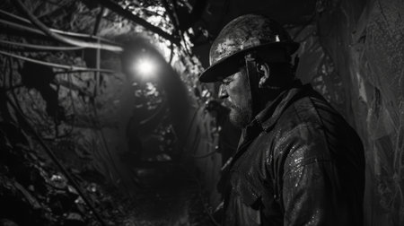 A black and white photo of a coal miner covered in sweat and dirt.の素材