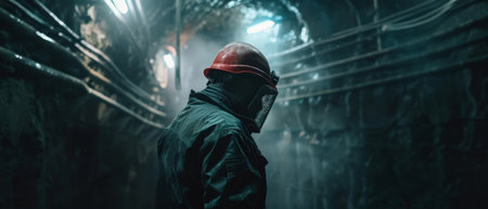 The photo shows a man in a protective suit and gas mask standing in a dark tunnel.の素材