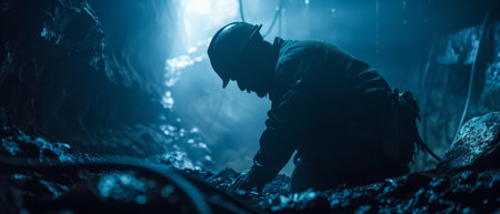 The photo shows a silhouette of a man exploring a dark cave.の素材