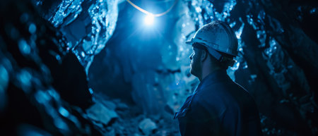 The photo shows a dark cave with blue light shining through an opening in the distance.の素材
