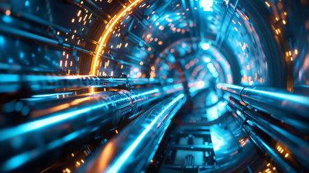 Abstract image of a glowing blue tunnel with a bright light at the end.の素材